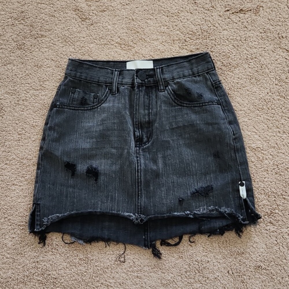 One Teaspoon Distressed High Low Denim Mini Skirt, Washed Black, Size 26